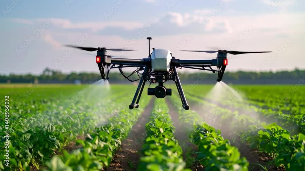 Drone spraying pesticide on a field of crops Drone spraying pesticide on a field of crops