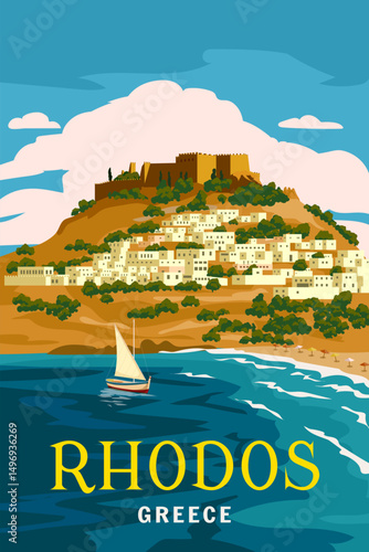 Travel Poster Greece island Rhodes, Kastellos castle, poster, old Mediterranean European culture and architecture