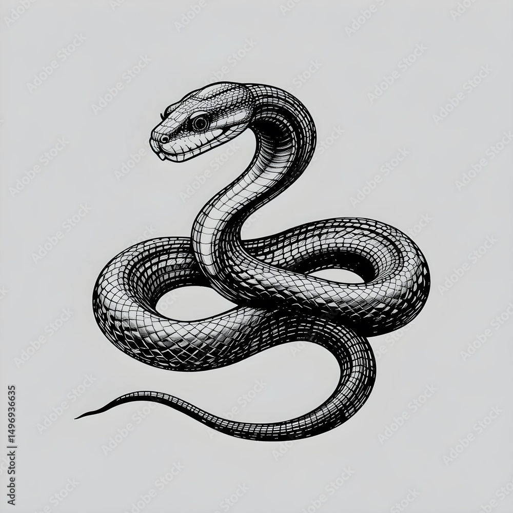 Fototapeta premium Black Ink Line Art of a Coiled Snake on White Background
