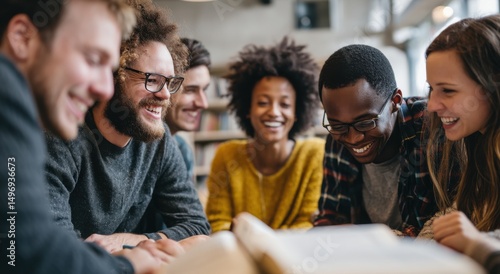 Diverse Group of Students Laughing Together Over a Book in Library, Depicting Teamwork and Higher Education : Generative AI