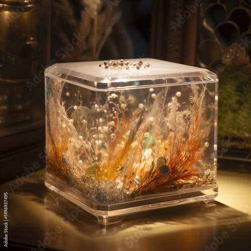 Glowing Elegance Resin Cube with Dried Flowers and Pearls

