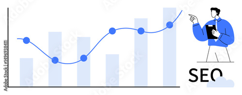 Graph with rising bar chart and trendline, analyst holding clipboard pointing at data insights. Ideal for SEO performance, business analysis, marketing, growth strategy, data analytics, reporting