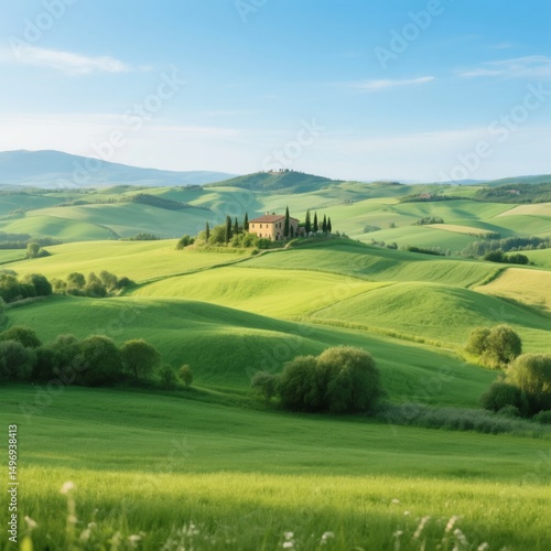 A picturesque Tuscan landscape with rolling green hills and a solitary farmhouse