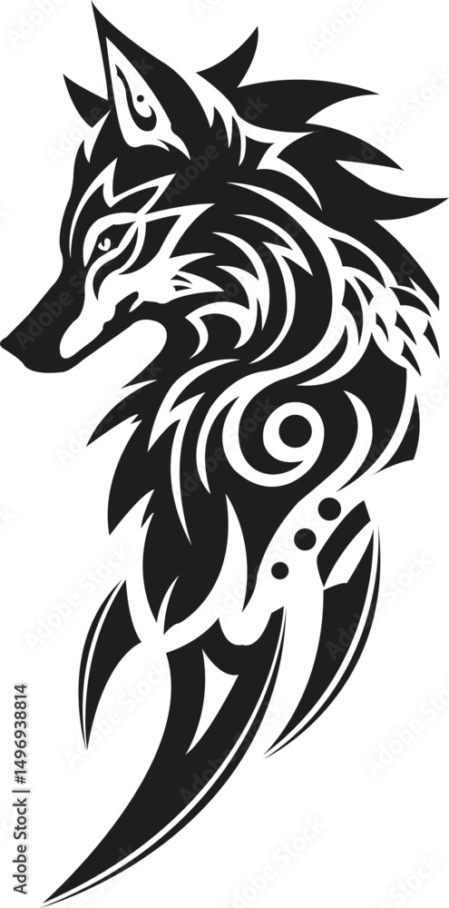 Naklejka premium Wolf Head Illustration - Tribal Wolf Head Vector Illustration in Black and White
