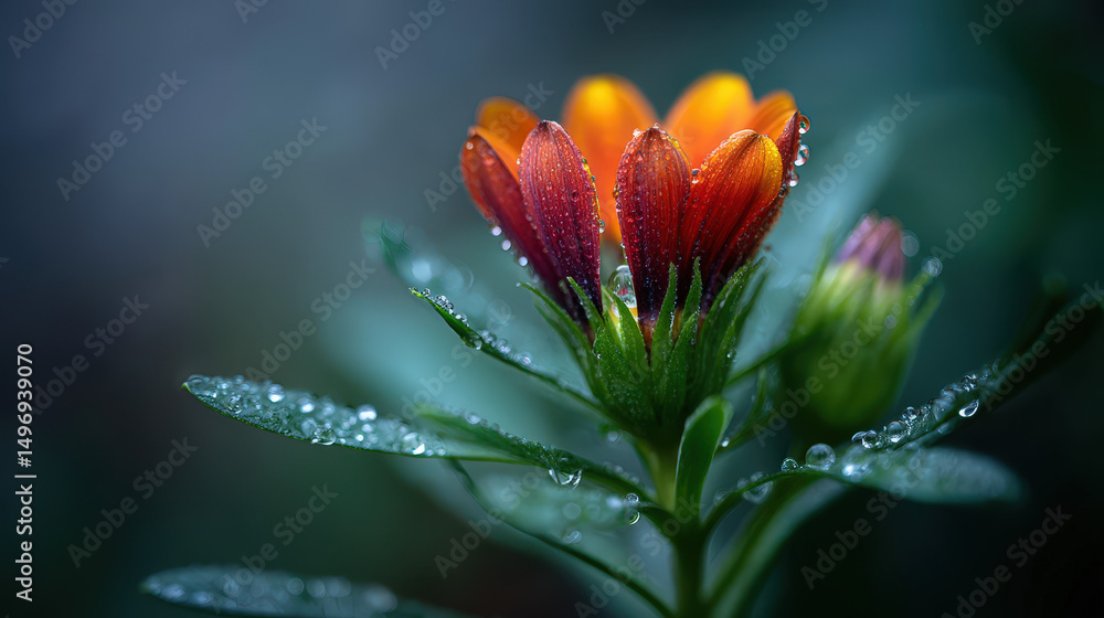 Obraz premium Blooming Flower with Dew and Raindrops Under Soft Light in Nature's Embrace