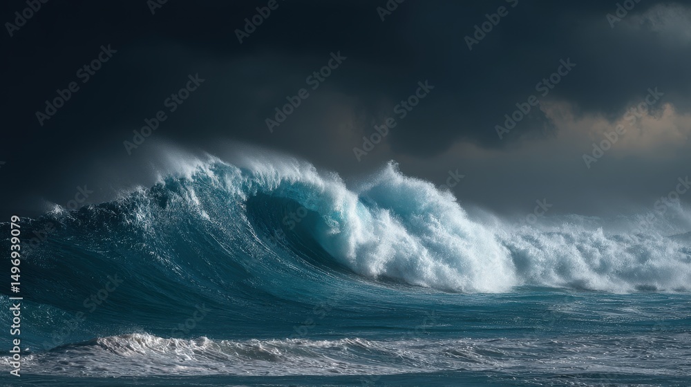 Fototapeta premium giant waves and tsunami hitting under dark stormy sky with perfect storm and catastrophic ocean conditions.