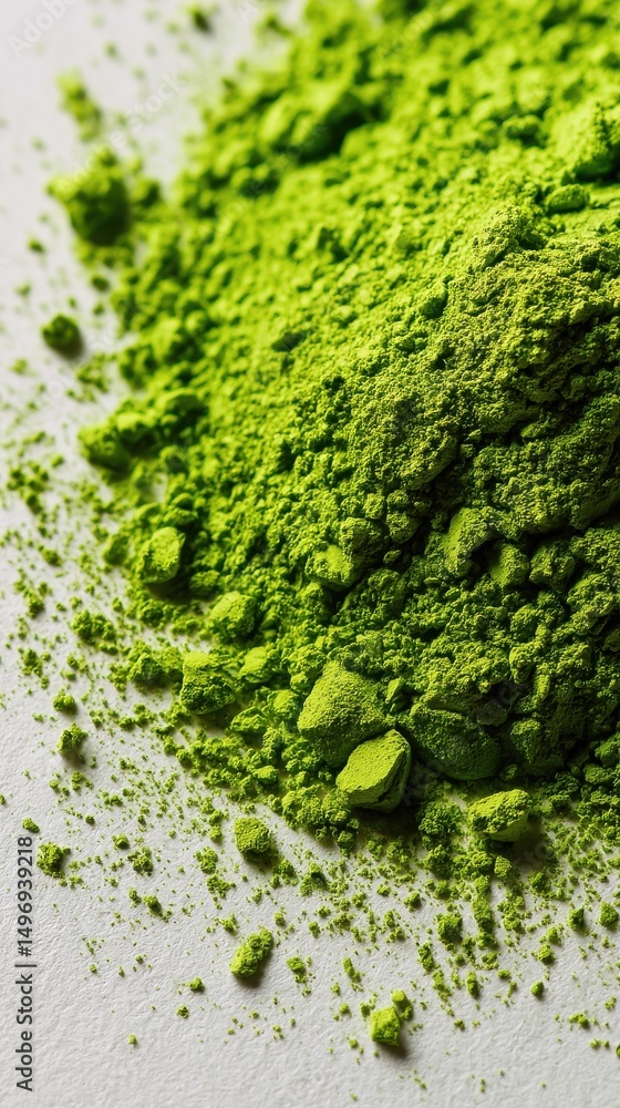 Obraz premium Macro shot of matcha powder swirling in air with vibrant green hues on white background