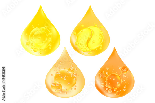 Yellow, gold cosmetic oil drop with molecules icon set, hyaluronic acid, collagen, vector cosmetology ingredient isolated elements. Beauty serum droplet, skin care hydro gel, moisture anti age cream