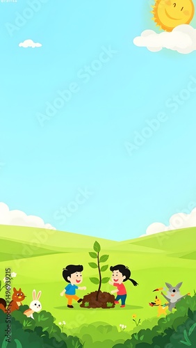 Children enjoying nature in vertical cartoon design