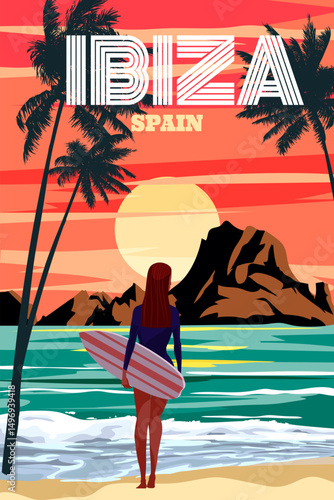 Vintage travel poster Ibiza Spain, tropical resort