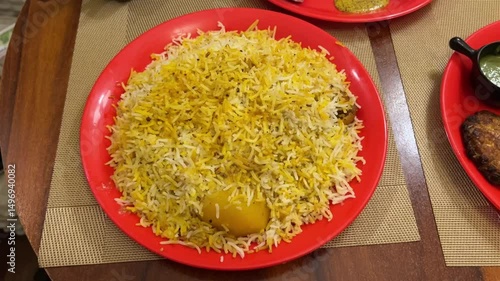 Kolkata style chicken biryani with alu prepared in a restaurant