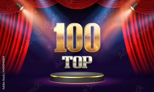 Top 100 award poster. Presentation 100 best on podium with red curtain illuminated by spotlights. Vector illustration.