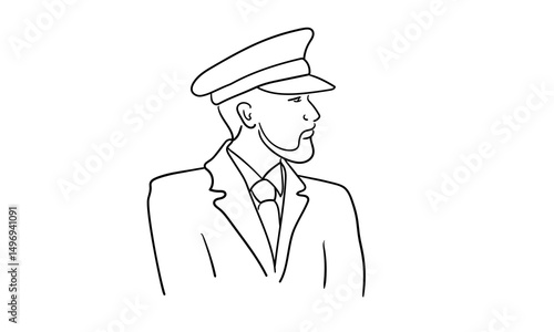 Ship captain in uniform, continious line drawing. Cruise liner, seafarer line art. Vector illustration