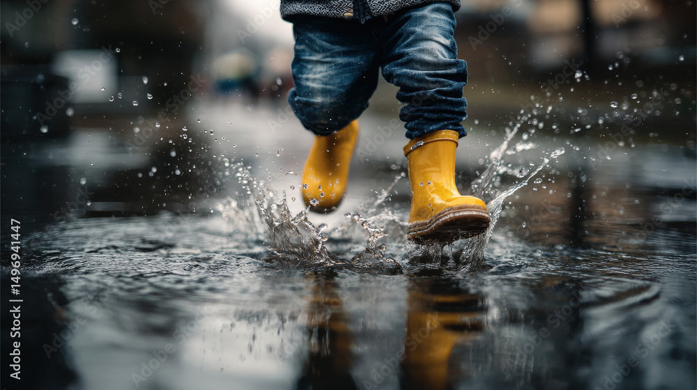 Happy Child Jumping Into Puddle Wearing Yellow Boots, Enjoying Rainy Day with a Joyful Expression Happy Child Jumping Into Puddle Wearing Yellow Boots, Enjoying Rainy Day with a Joyful Expression