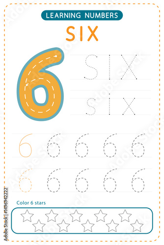 Number six tracing. Preschool worksheets. Writing practice for kids. Vector design.