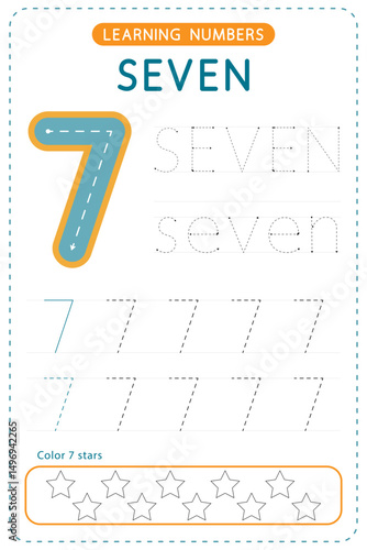 Number seven tracing. Preschool worksheets. Writing practice for kids. Vector design.