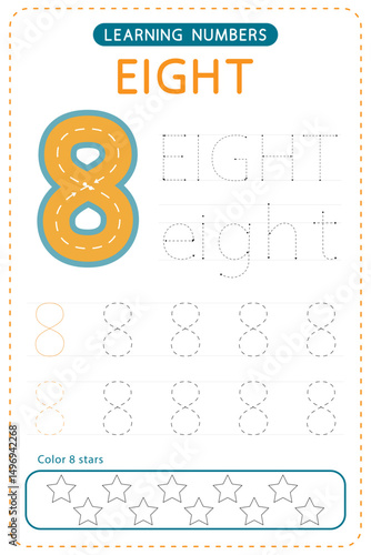 Number eight tracing. Preschool worksheets. Writing practice for kids. Vector design.