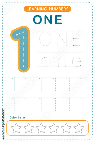 Number one tracing. Preschool worksheets. Writing practice for kids. Vector design.