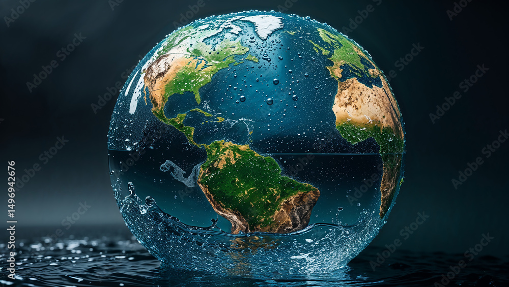 Fototapeta premium Planet earth submerged in water showing american continent covered with water droplets