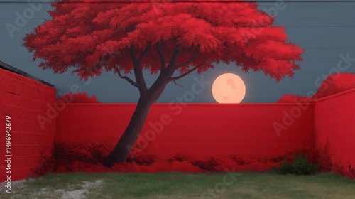 Digital illustration of a tree with red leaves against a blue sky. the tree is in the center of the image, with a red wall on the left side and a grassy area on the right side.