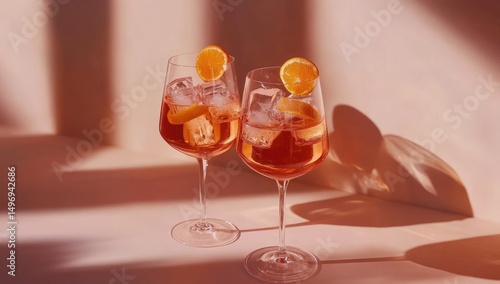 Two Aperol Spritz cocktails in tall glasses, garnished with orange slices, on a peach-colored background with sunbeams
