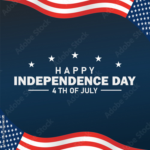 Independence Day card – USA flag with abstract wavy frame on dark blue background, 4th July text with stars, patriotic red white and blue color scheme, American holiday celebration poster or banner.