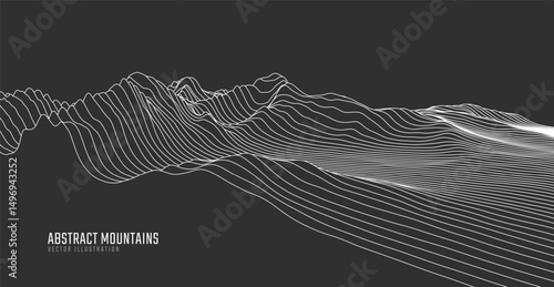 Contour mountain landscape. Waved line art. Abstract minimal topographic map. Contour lines with elevations and terrain depth. Vector illustration.