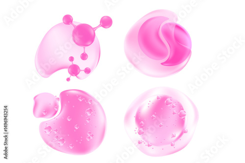 Pink, purple cosmetic molecules icon set, hyaluronic acid, collagen, vector cosmetology ingredient isolated elements. Beauty serum skin care oil, moisture hydro gel, anti age cream