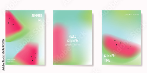 Abstract colorful gradient fruit card background set. Minimalist poster with watermelon slice. Modern summer and spring wallpaper design for drink menu, promotion, beverages, ads.