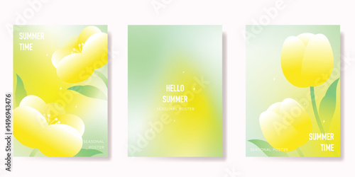 Abstract colorful gradient flower card background set. Minimalist poster with tulip flower. Modern summer and spring wallpaper design for drink menu, promotion, beverages, ads.