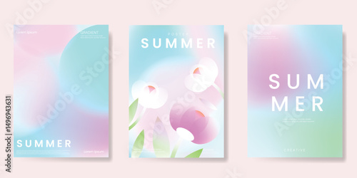 Abstract colorful gradient flower card background set. Minimalist poster with tulip flower. Modern summer and spring wallpaper design for drink menu, promotion, beverages, ads.