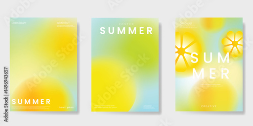 Abstract colorful gradient fruit card background set. Minimalist poster with lemon. Modern summer and spring wallpaper design for drink menu, promotion, beverages, ads.