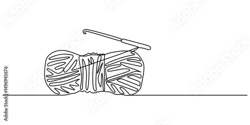 yarn and crochet hook continuous one line drawing, Knitting, ball of wool and needles Illustration, Balls of thread. Skein of knit. Vector art line, yarn ball and crochet hook crafting supplies pro.