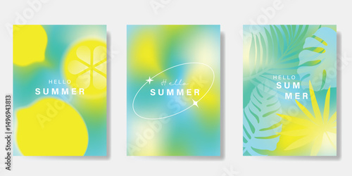 Abstract colorful gradient fruit and foliage card background set. Minimalist poster with monstera, palm, lemon. Modern summer and spring wallpaper design for home decoration, website, banner, ads.