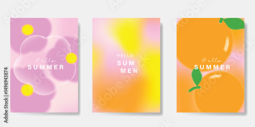 Abstract colorful gradient fruit and flower card background set. Minimalist poster with flower, orange. Modern summer and spring wallpaper design for home decoration, website, banner, ads.