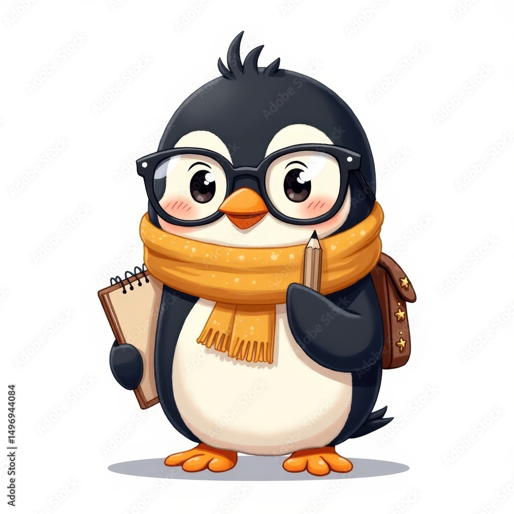 Obraz premium Cute cartoon penguin wearing glasses and a scarf holding a notepad and pencil
