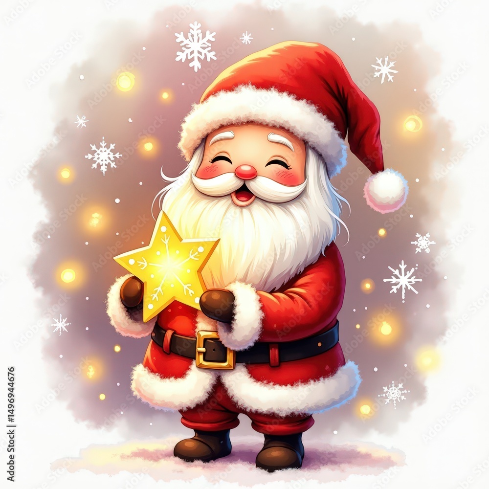 Santa Claus joyfully holding a glowing star surrounded by snowflakes and festive lights during the holiday season Santa Claus joyfully holding a glowing star surrounded by snowflakes and festive lights during the holiday season