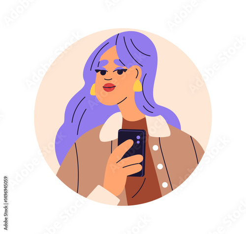 Fashion girl taking photo with mobile phone in hand, face avatar. Young moder...