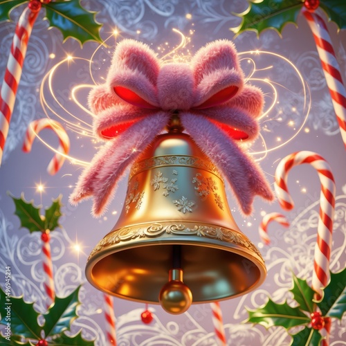 Festive bell adorned with a pink bow and surrounded by candy canes and holly leaves for the holiday season