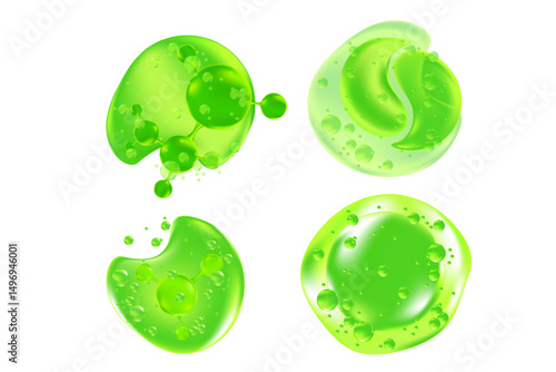 Green bio cosmetic molecules icon set, hyaluronic acid, collagen, vector cosmetology ingredient isolated elements. Beauty serum skin care oil, moisture hydro gel, anti age cream