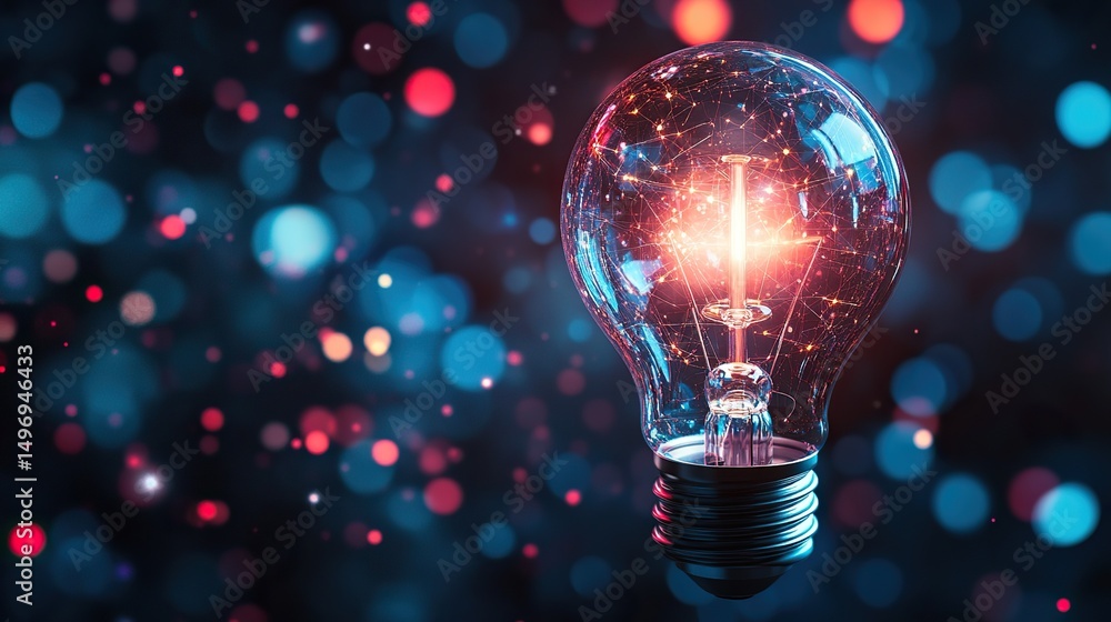 A futuristic smart lightbulb with holographic elements displaying ideas. A futuristic smart lightbulb with holographic elements displaying ideas.