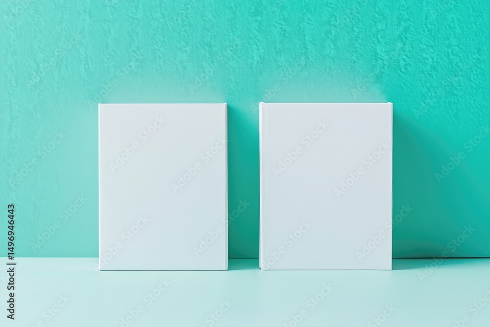 Naklejka premium Two blank white canvases or boxes against a teal wall