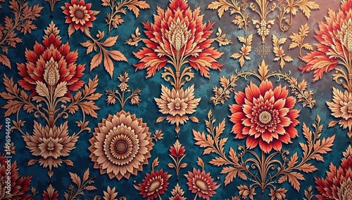 Intricate floral damask textile, faded elegance, retro, leaf, detail