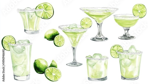 Watercolor illustration of various margarita cocktails (1)