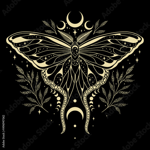 Mystic moth vector illustration. Magic moon, occult, print, poster.