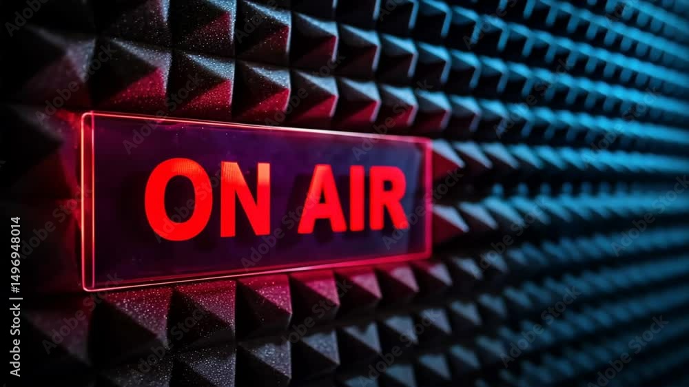 Dark red glowing on air text on studio background, classic podcast studio and social setup vibe for creators in empty studio setting