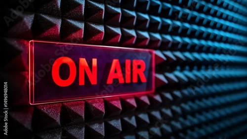 Dark red glowing on air text on studio background, classic podcast studio and social setup vibe for creators in empty studio setting