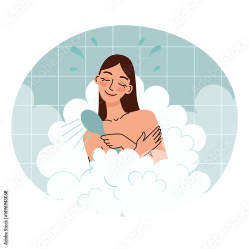 A woman in the shower. Morning routine and hygiene. Flat cartoon vector illustration.