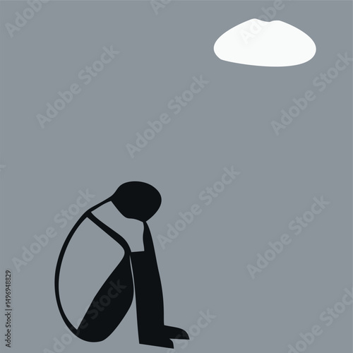 Vector cartoon stick figure drawing conceptual illustration of sad or depressed man siting alone