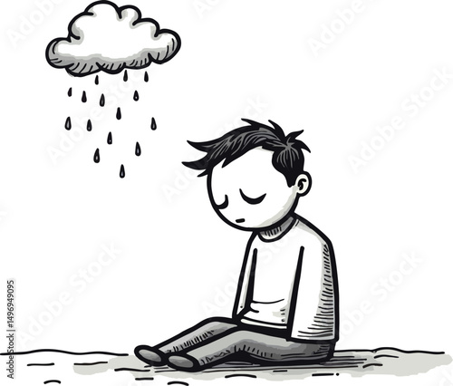 Vector cartoon stick figure drawing conceptual illustration of sad or depressed man siting alone